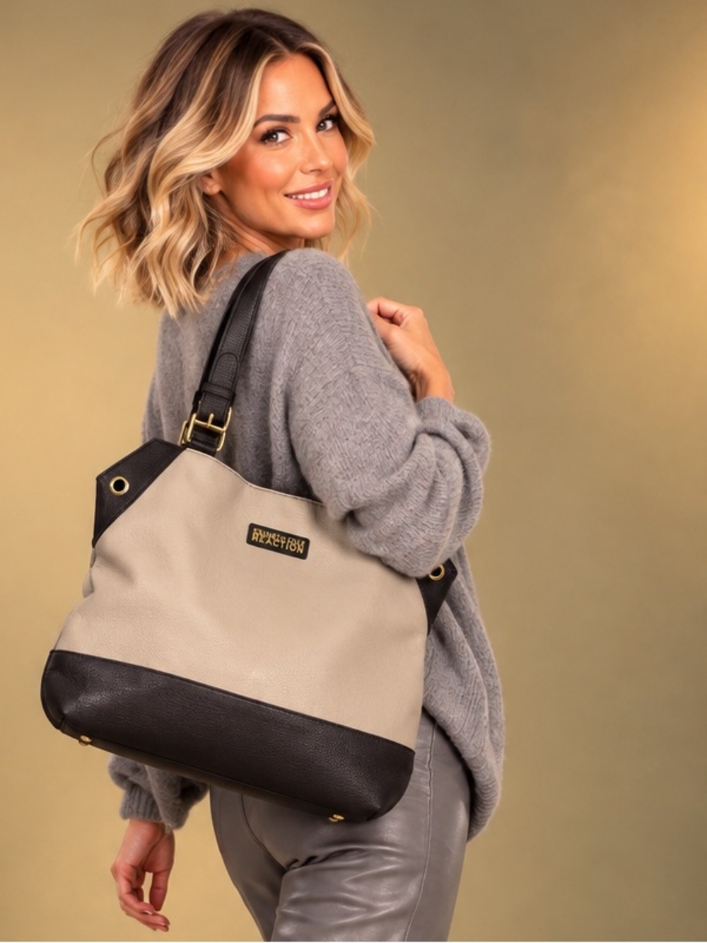 Kenneth Cole Reaction Black Taupe Shoulder Tote Bag Large